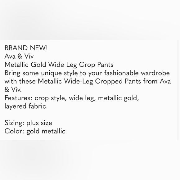 NWT! Ava & Viv Metallic Gold Wide Leg Crop Pant - Picture 5 of 5